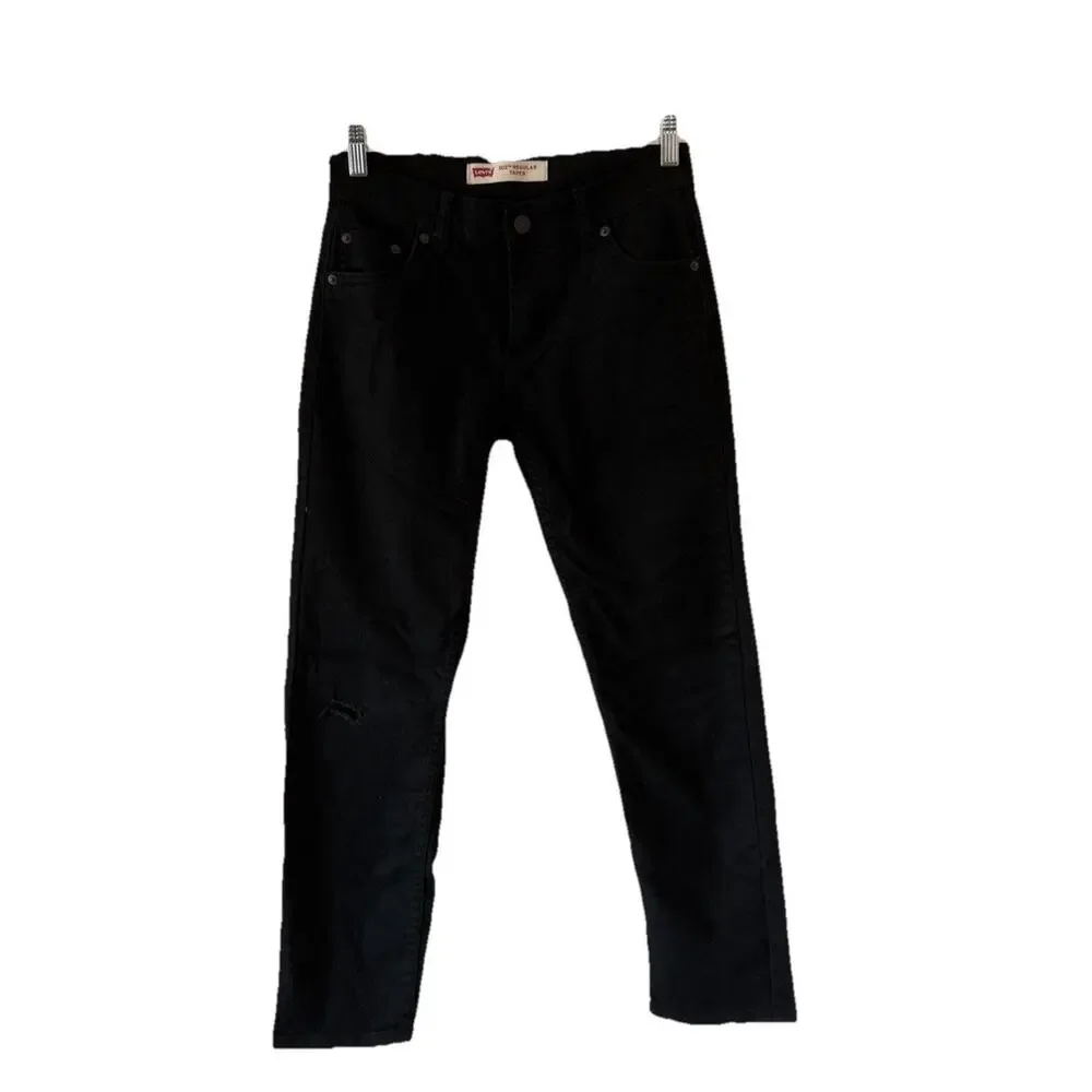 Levis 502 Jeans Boys 14 Reg 27x27 Black Denim Pants Reg Taper Fit Hole in Knee